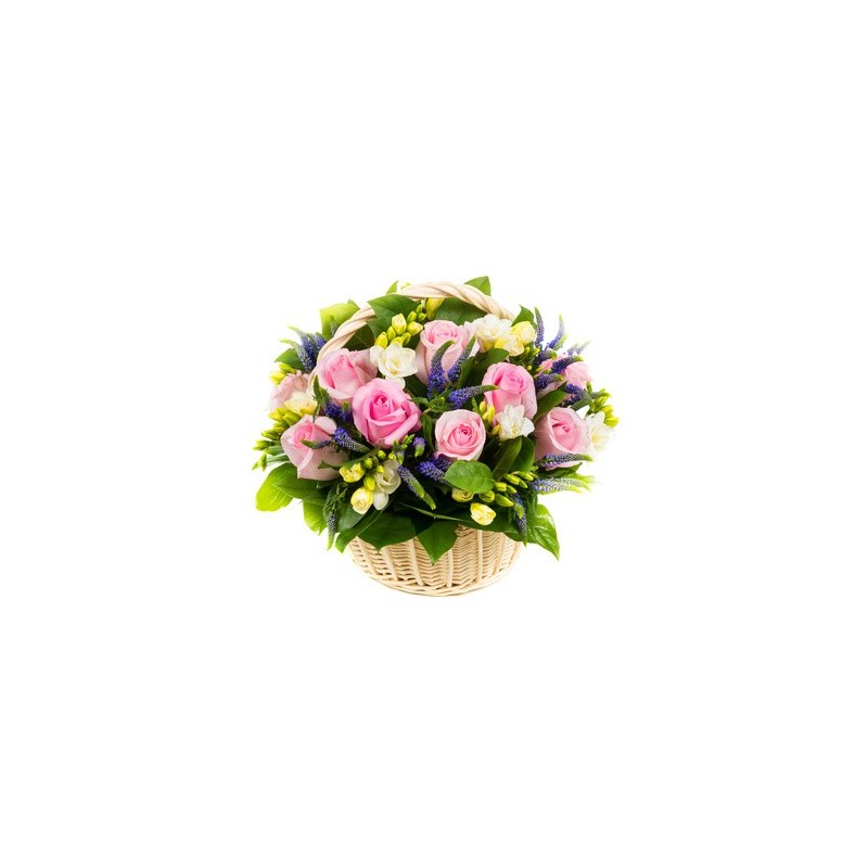 Cesto con rose rosa e fresie bianche profumate