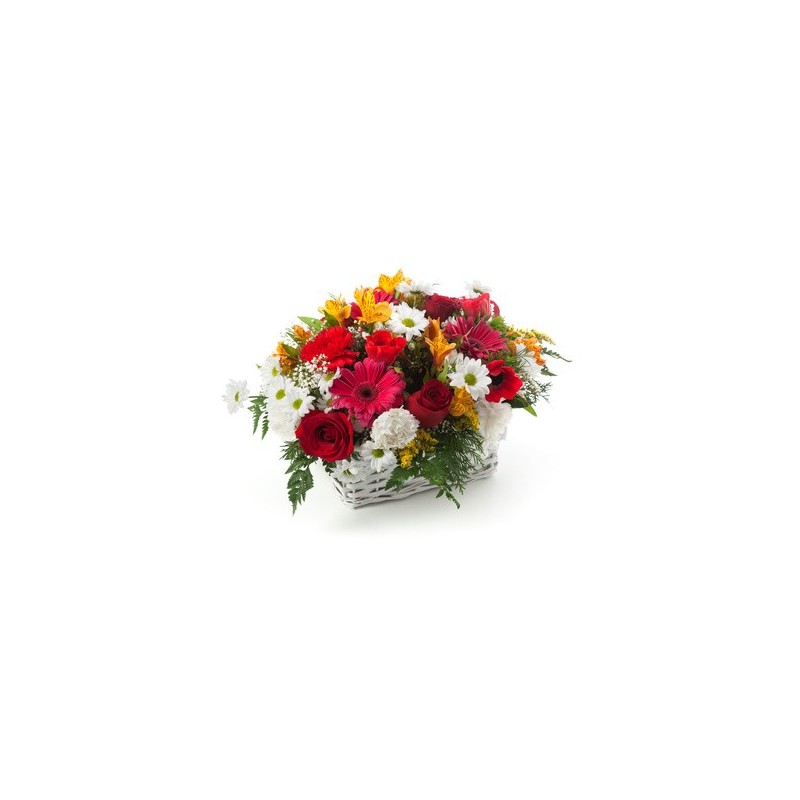 Cesta con rosas rojas, gerberas blancas 