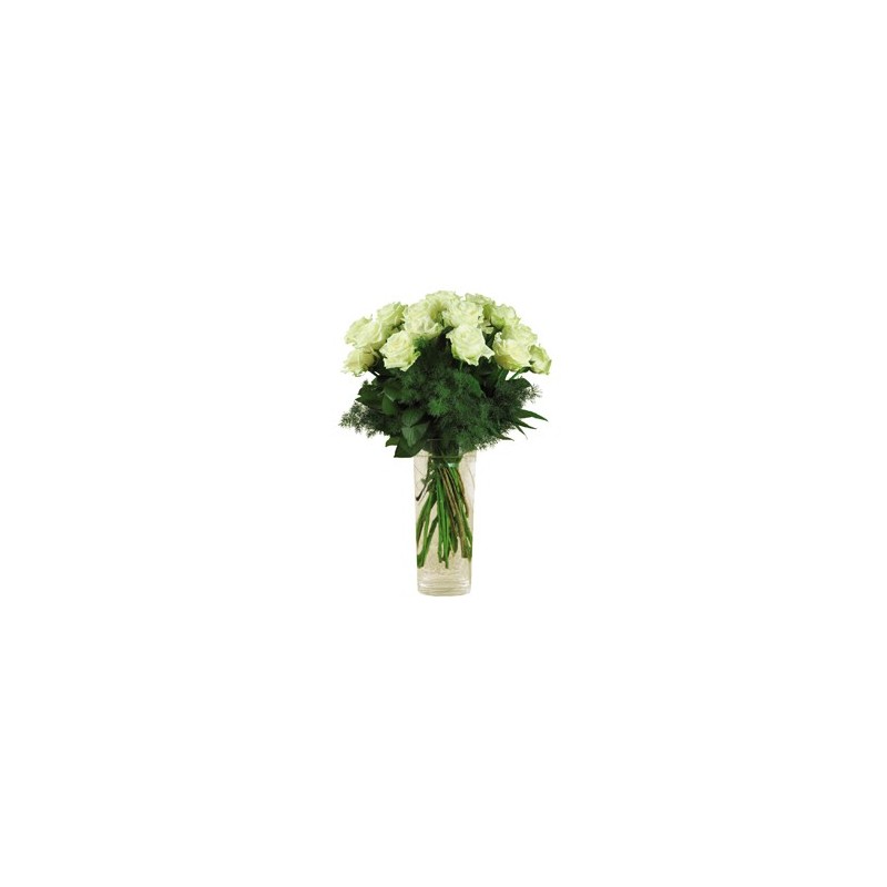 Bunch of 5 white roses with green berries and leaves of green