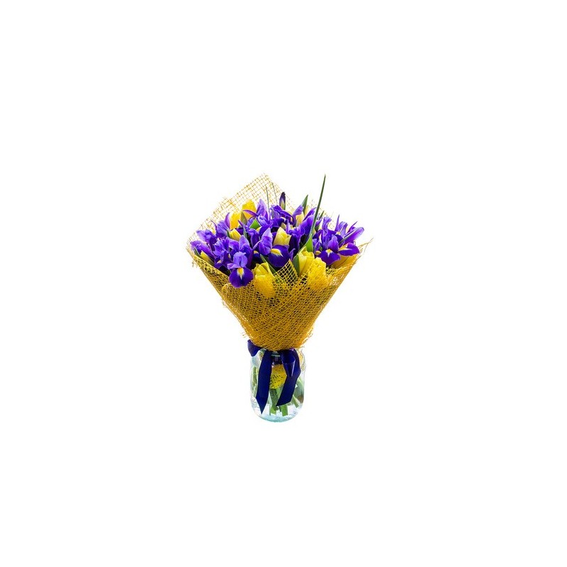 Bouquet di iris blu e tulipani gialli