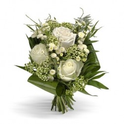 3 rose  bianche fiori di nebbia e foglie di verde