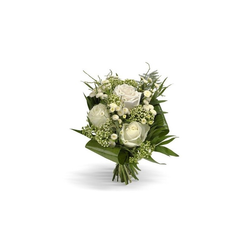 3 rosas blancas, las flores de la niebla y las hojas de verde