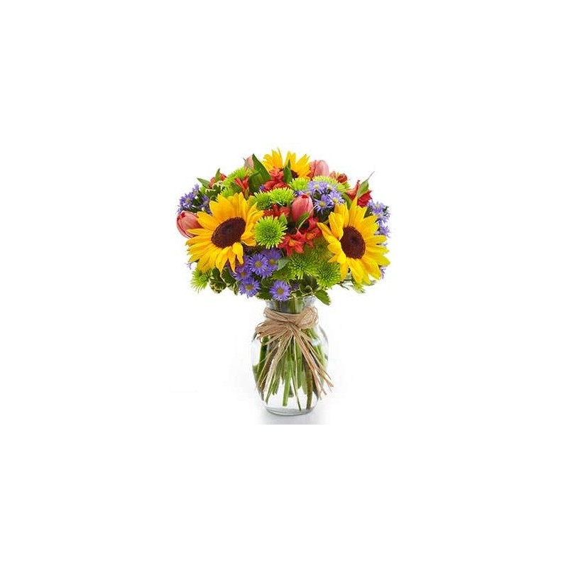 Bouquet di girasoli e fiori blu