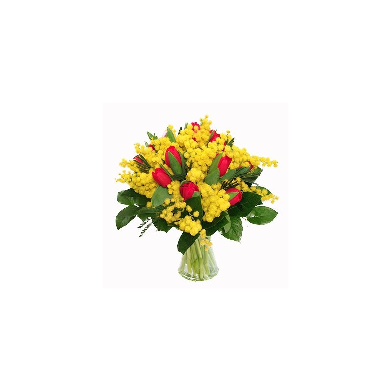  Bouquet of red red tulips and mimosa in green complementary