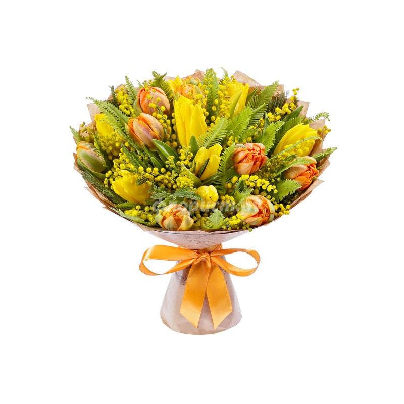 Bouquet di tulipani gialli ,tulipani arancio e mimosa