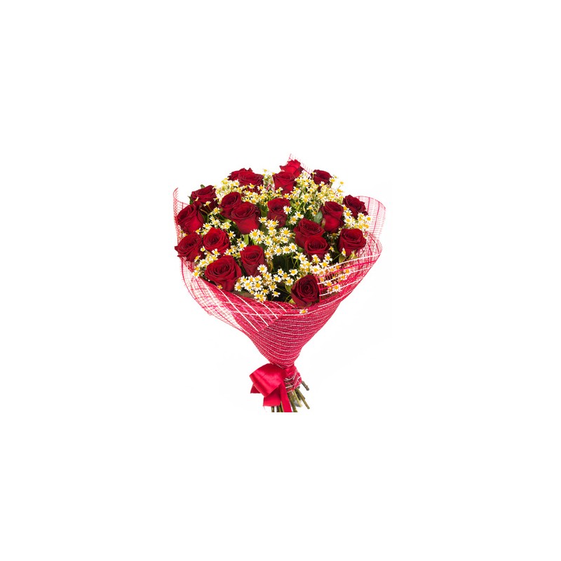 A Bouquet of Two dozen red roses and white daisies