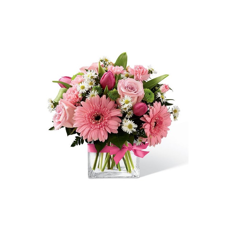 Composizione in vetro con ortensie-rose-alstroemeria-e-garofani