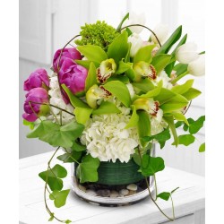Grande Composizione in vetro con orchidee e tulipani peonie