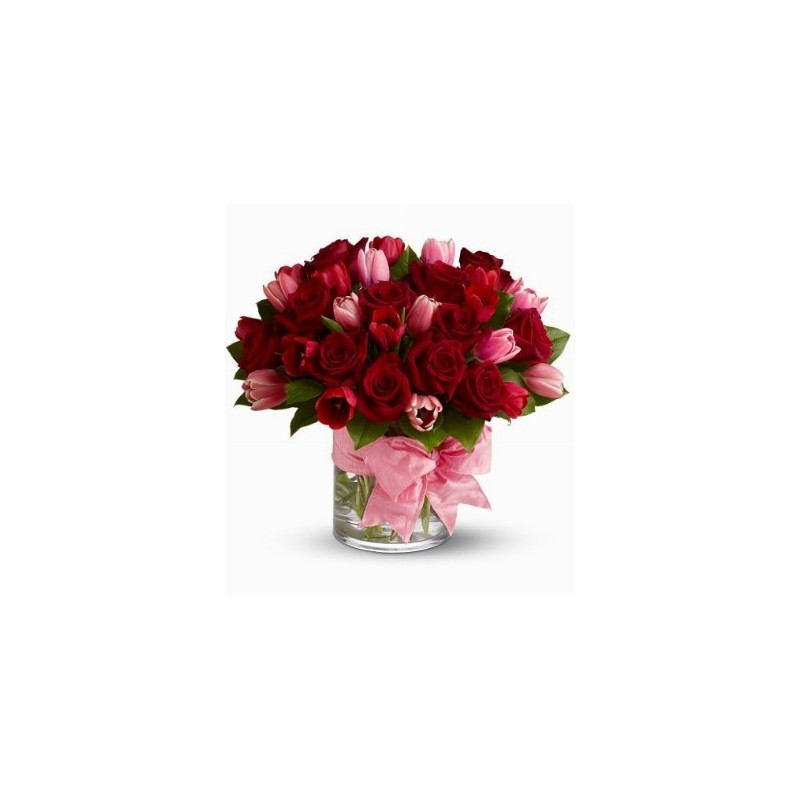 Composition-glass tulips and red roses