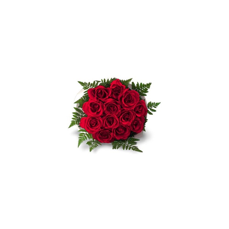 Grazioso bouquet di roselline rosse in felce di cuoio