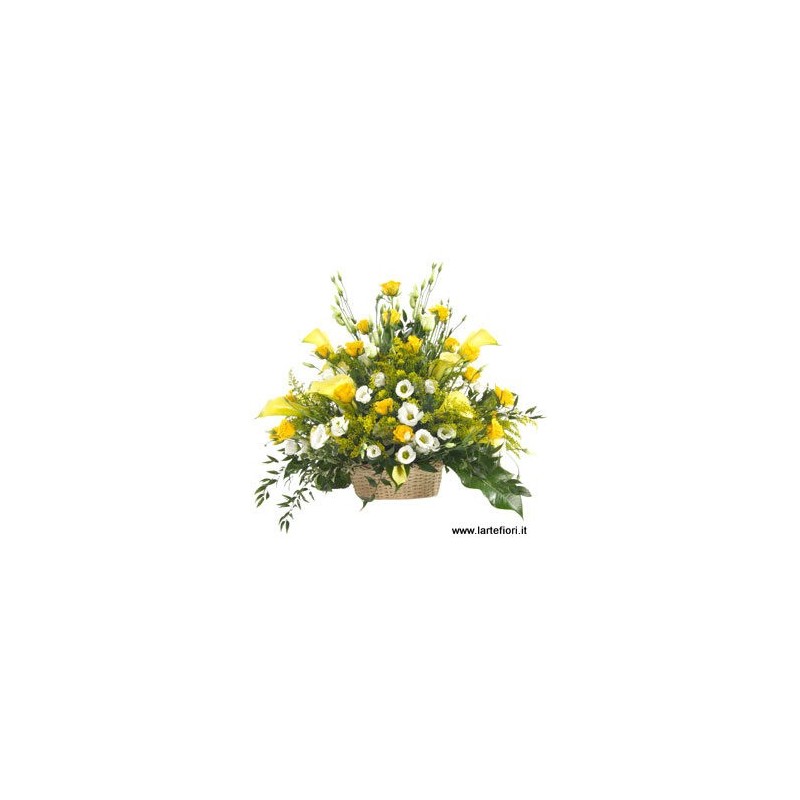 Basket funeral with yellow roses, calla lisianthus white