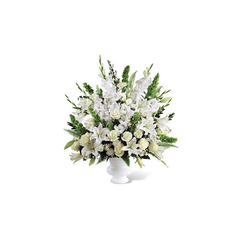 Large Basket with lilies, carnations, white roses and gladioli, white 