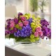 The prestigious composition, with a mix of orchids,hydrangea blue, and green stains