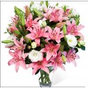 Deck gi lilies and pink lisianthus white