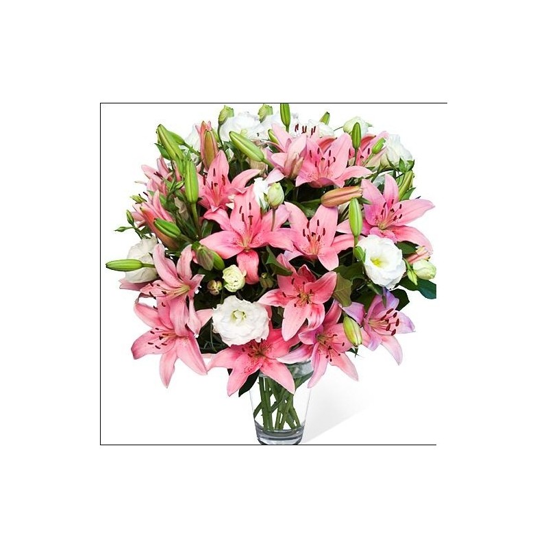 Deck gi lilies and pink lisianthus white