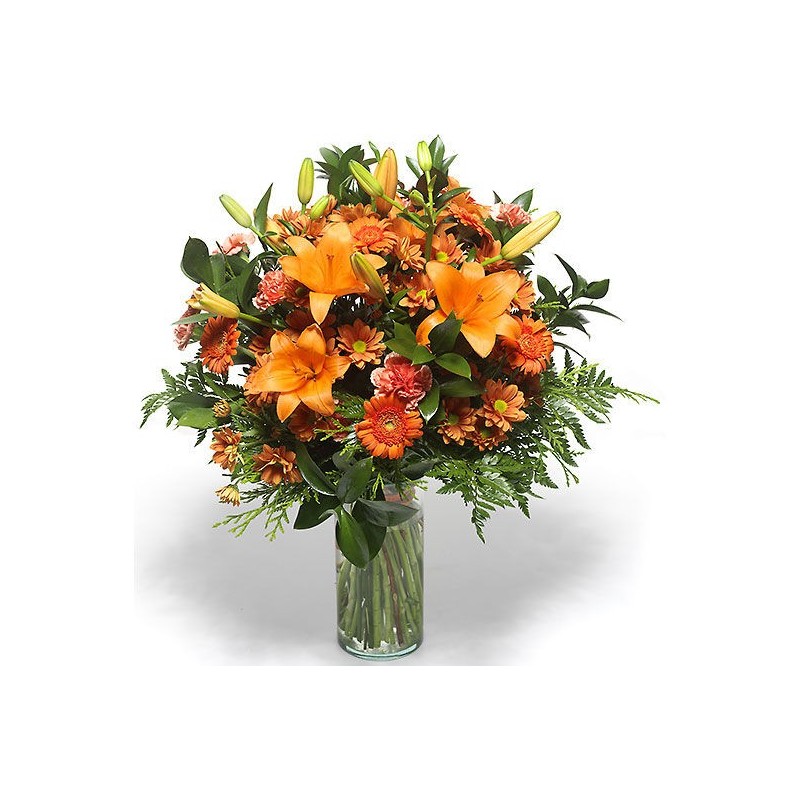 Fascicul de lilium gerbere de ton de portocaliu în verde frunze