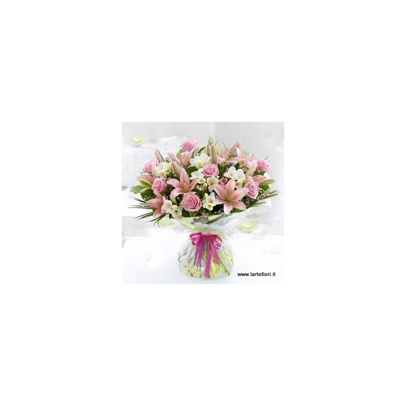 A dozen pink roses, with a delicate lilies pink 