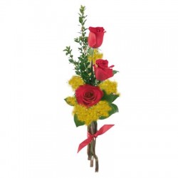  Combinazione di tre rose rosse e mimosa