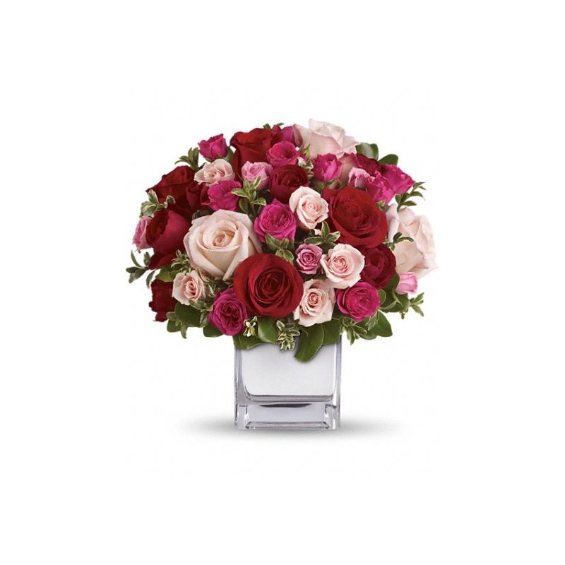 Cubo in verto con bouquet di rose 