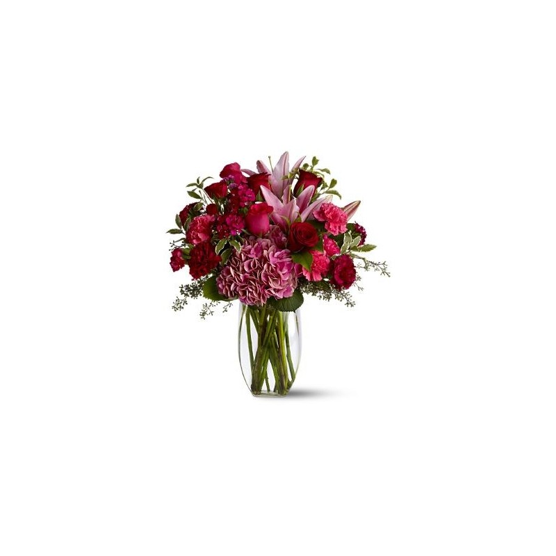 Combinazione di 12 rose rosse, gigli rosa,garofani rosa fiori d'arredo e verde complementare