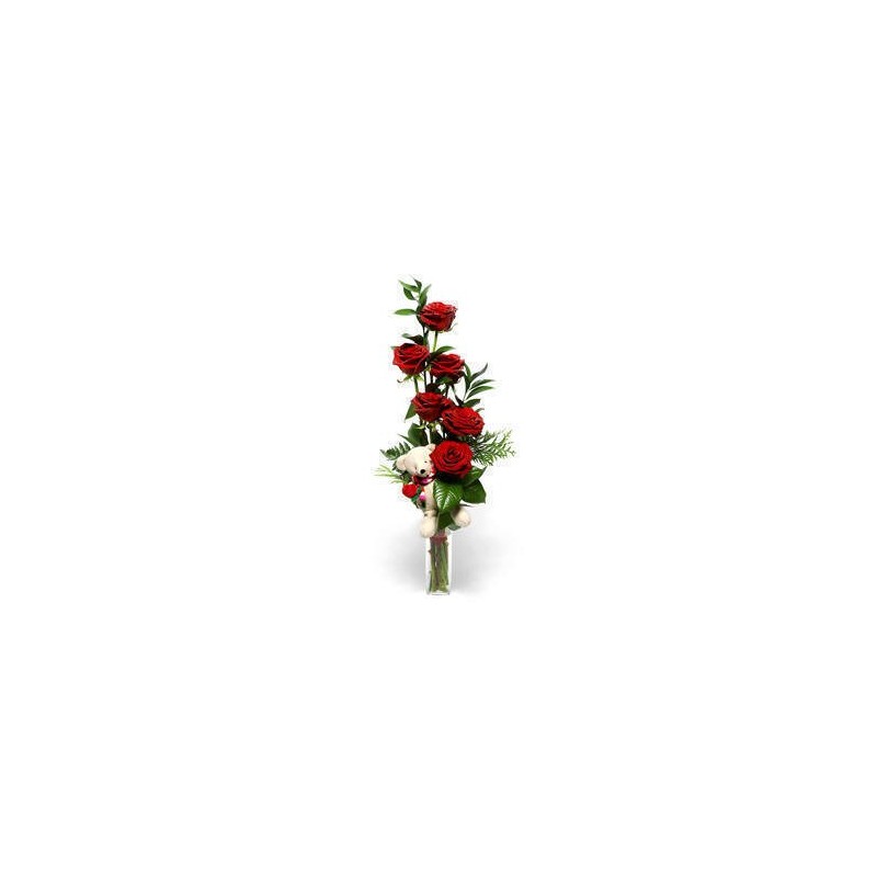  San Valentino7 -- 6 rose rosse con simpatico peluche in fogli di verde